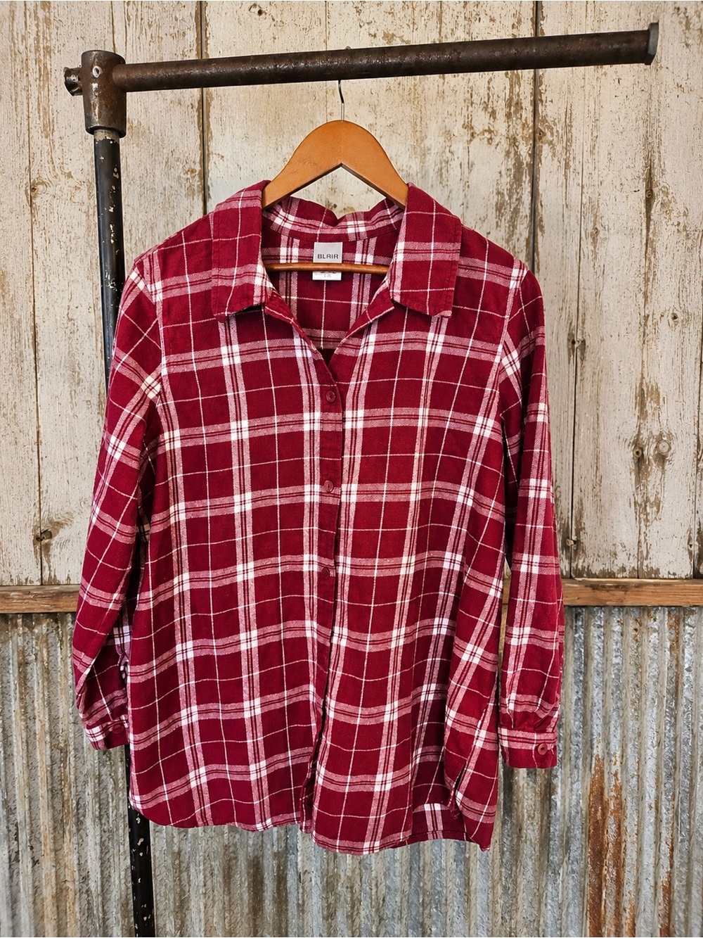Blair 100% Cotton Plaid Flannel Shirt Tunic Pink Burgundy Cottagecore